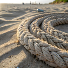 Fototapeta premium Beach Rope: Close-Up of Braided Rope on Sandy Shore