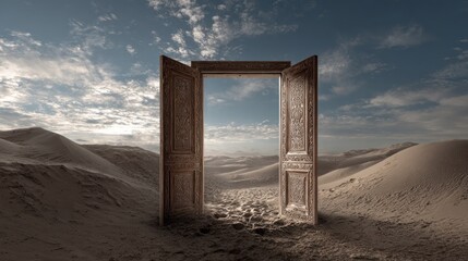 A weathered wooden door stands open amid rolling sand dunes under a partly cloudy sky