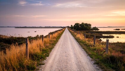 A gravel path stretches into a serene sunset over a tranquil lagoon, bordered by golden grasses and a wooden fence.