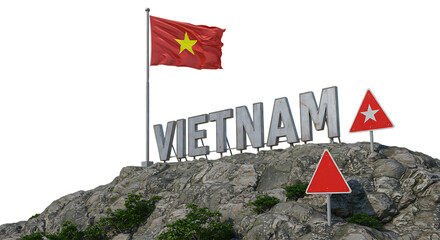 Mountain Rock with Vietnam National Flag and VIETNAM Letters On Isolated Transparent Background