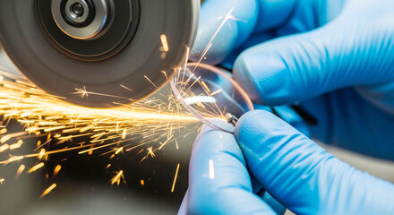 Precision Grinding Optical Component: Gloved Hands Shaping Lens with Rotary Tool & Flying Sparks in Manufacturing Workshop