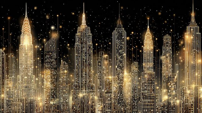 Golden city skyline at night.