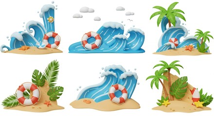 Stylized ocean wave illustrations with life preservers and sandy beaches design elements
