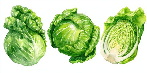 Watercolor Illustration of a Hand-Drawn Vegetarian Salad Featuring Fresh Green Chinese Cabbage on a White Background