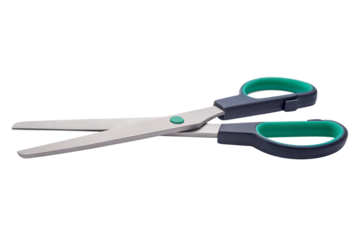 Metal scissors with teal and grey handles isolated on a transparent background blades