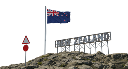 New Zealand Landmark Sign with National Flag On Isolated Transparent Background
