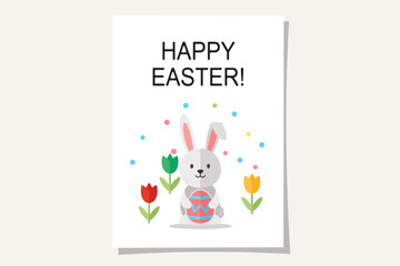 Happy Easter Greeting Card with Bunny Holding an Egg and Spring Flowers