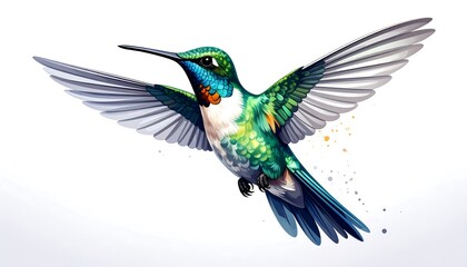 Naklejka premium A vibrant hummingbird, in flight, showcases intricate details and a dazzling array of colors against a white background.