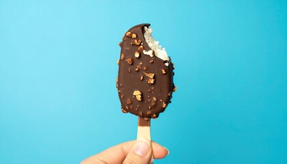 Close-up of a person holding a chocolate-covered ice cream bar with nuts, bitten into, against a vibrant blue background, refreshing summer treat