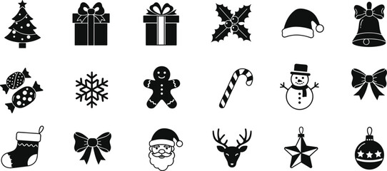 Christmas vector icons set – festive holiday silhouette graphics of tree, Santa, gifts, snowflakes, candy cane, stocking, decorations