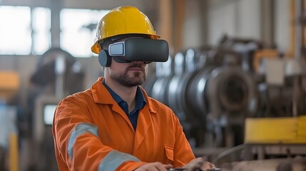 Factory Worker Using VR Headset for Industrial Training Simulation