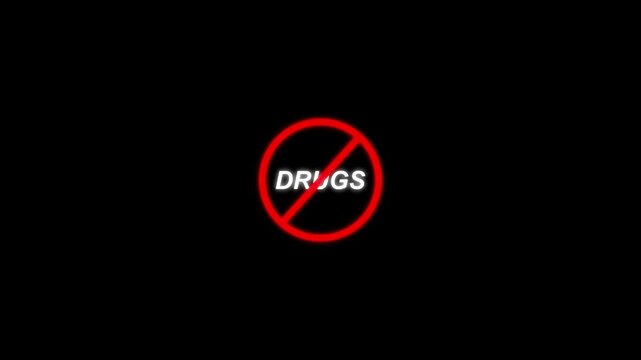drugs prohibition sign animation, black background .Caution warning symbol, alert, error sign, 4K motion animation ,