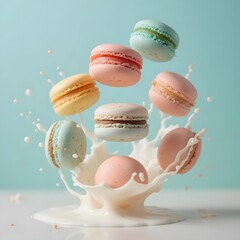 Pastel Macarons with Milk Splash &ndash; Colorful Dessert Food Photography