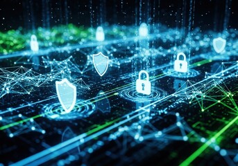 Abstract digital network with glowing locks and shields representing cybersecurity and data protection in a futuristic connected world