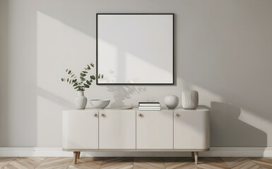 Obraz premium Modern minimalist interior scene showcasing a blank framed canvas above a sleek credenza with decorative vases and eucalyptus, bathed in soft natural light