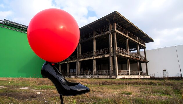 A large red balloon balances precariously on a black high-heeled shoe, positioned in front of a weathered, multi-story industrial building against a green screen backdrop.