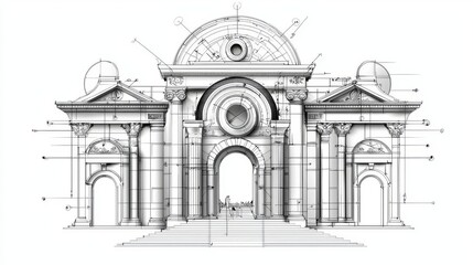 Detailed architectural sketch of a grand arch, showcasing intricate design elements and classic style.