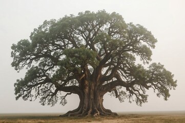 Ancient tree, foggy field, sunrise, nature, serenity, calm