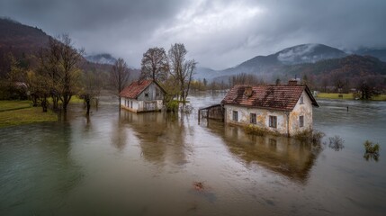 Fototapeta premium Inundated Residences: The Impact of Rising Waters During Natural Disasters in Slovenia