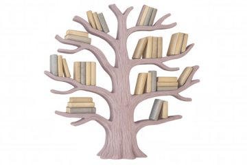3d rendering of a tree-shaped bookshelf holding a collection of books, isolated on a transparent background
