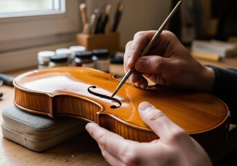 A luthier meticulously applies varnish to a handmade violin in a traditional workshop, showcasing fine craftsmanship and attention to detail