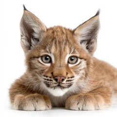 Naklejka premium A captivating portrait of a Lynx cub. The cub is the picture of curiosity and alertness. With its captivating eyes, it draws the viewer in with a warm gaze