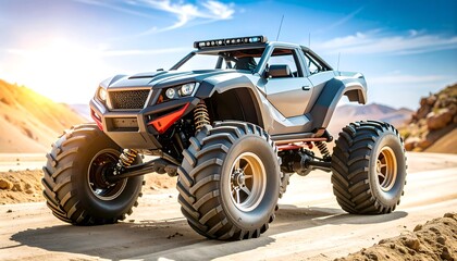 Obraz premium A powerful off-road monster truck, gray and dark-toned, stands imposingly on a sandy track, bathed in sunlight.