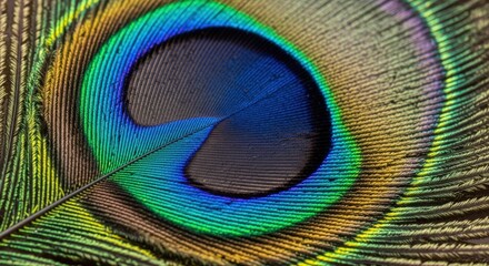 Obraz premium Extreme closeup macro shot of a peacock feather showing the intricate eye pattern, vibrant colors, and delicate texture