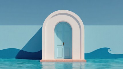 Blue door arched opening in light blue sea with wavy horizon