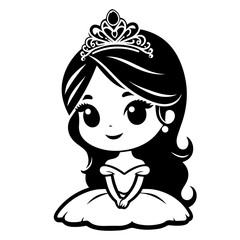 Black and white vector silhouette of a cute little princess on a white background  