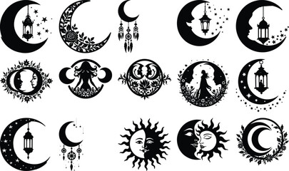 Celestial Sun Moon Star and Mandala Symbol Set"