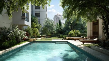 Serene Apartment Pool Oasis: Tranquil Canvas Beds Surrounded by Lush Gardens and Modern Architecture