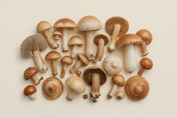 Autumn mushrooms beige background flatlay food photography