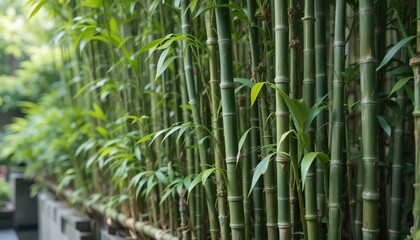 Green bamboo plants in various pots lined against a wall, creating a fresh and natural decorative touch for outdoor or indoor garden spaces