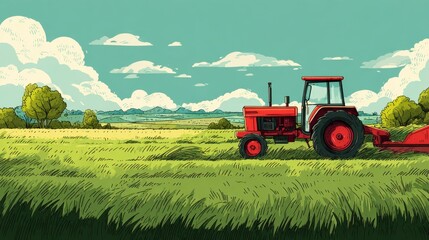 Fototapeta premium Joyful 2020 New Year Celebration at the Farm with Red Tractor in Lush Green Fields