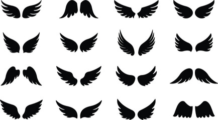 Wings icon set. Bird, angel and eagle minimalist black wing icons for branding, tattoos, logo, emblems, or fantasy design. Vector illustration, isolated on transparent background.