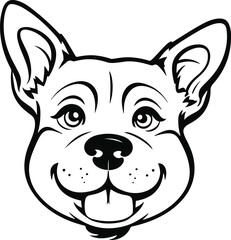 Simple line art of a dog’s face with playful expression, smooth bold outlines, isolated single object, black and white vector 3