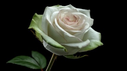 Close-up of a single, pristine white rose, delicately edged in pink, against a stark black backdrop