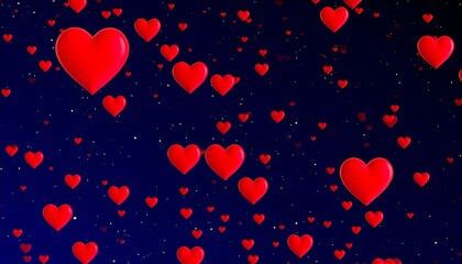 A vibrant display of numerous red hearts floating against a dark blue night sky, filled with glittering stars.