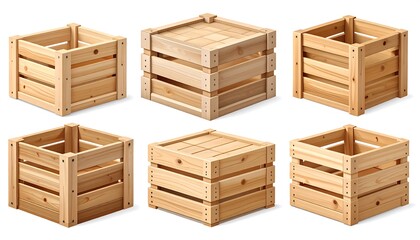 Six realistic wooden crates, displayed from various angles, showcasing the detailed structure and natural wood grain.