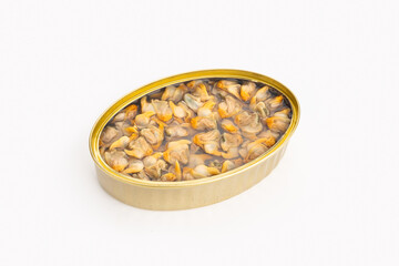 Open can of cockles isolated on white background. Preserving food