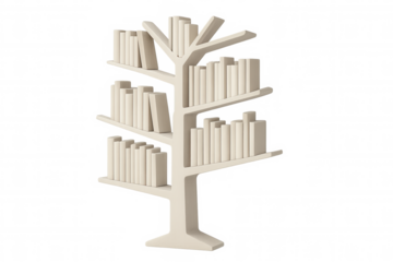 White tree-shaped bookshelf rendering, branching shelves holding colorful books against transparent backdrop