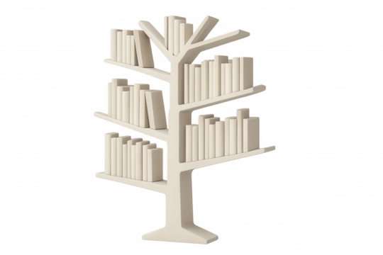 White tree-shaped bookshelf rendering, branching shelves holding colorful books against transparent backdrop - Powered by Adobe