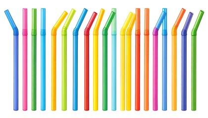 A colorful array of drinking straws in various vibrant hues against a plain white backdrop.