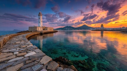 Obraz premium Coastal lighthouse views at sunset, with clear blue water and distant mountains