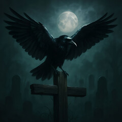 Dramatic Halloween illustration of a black raven spreading its wings under a full moon, perched on a cross in a foggy graveyard.