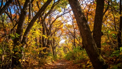 Fototapeta premium Sunlight filters through a vibrant autumnal forest, illuminating a pathway lined with colorful trees.