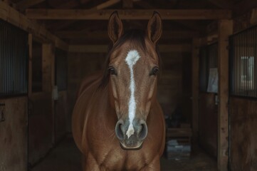 Fototapeta premium Chestnut horse stable portrait, rural setting