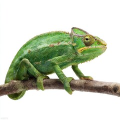 Obraz premium A green chameleon perched gracefully on a wooden branch, displaying its unique camouflage capabilities. Its eyes are focused, showcasing its fascinating nature