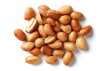 Obraz premium Overhead Shot of Roasted Peanuts on White Background: Close-Up View of Shelled Kernels
